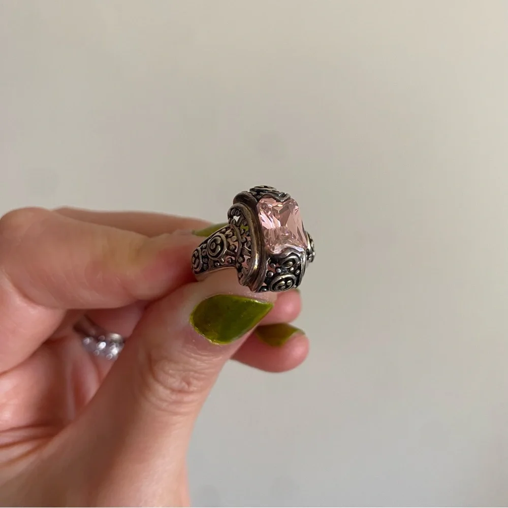 Silver Tone Ornate Band Ring with Light Pink Stone - Picture 4 of 5